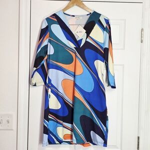 Be Boho Blue Orange Abstract V-Neck Dress Size Small